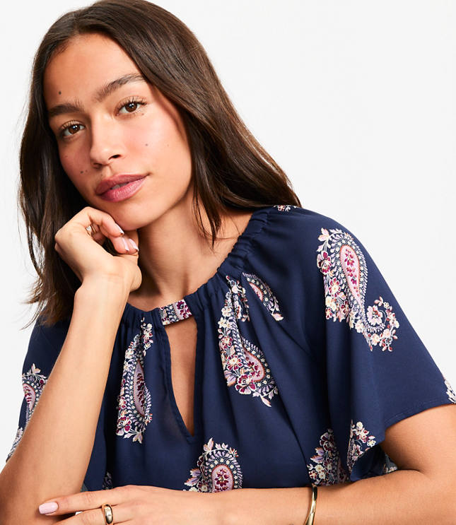 Petite Paisley Cutout Mixed Media Blouse