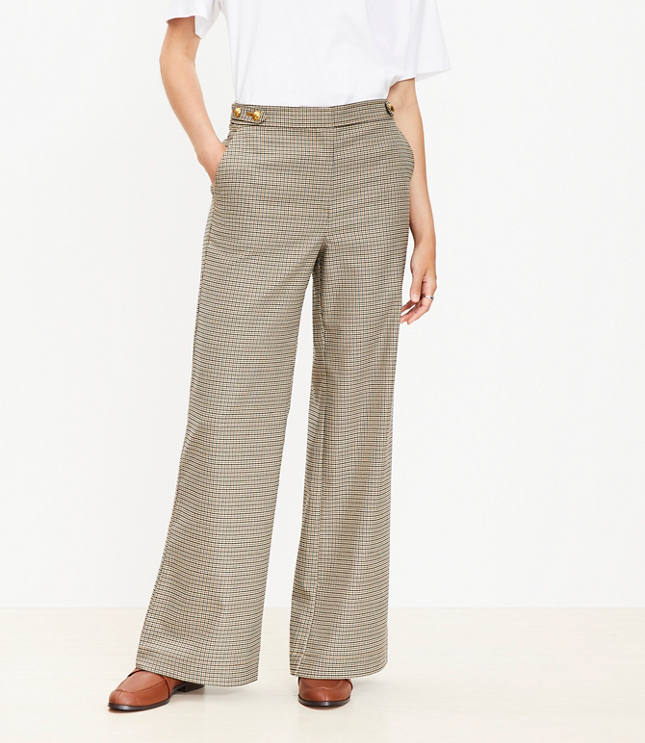 Petite Tab Waist Wide Leg Pants Plaid