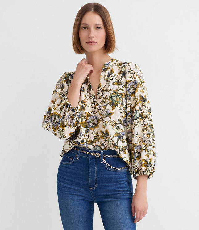 Petite Floral Blouson Sleeve Split Neck Blouse