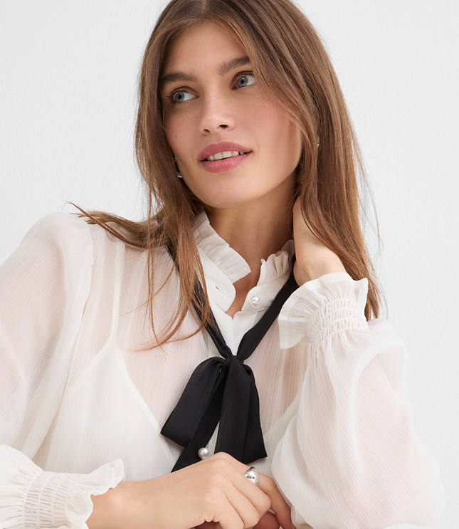 Pearlized Button Ruffle Bow Blouse
