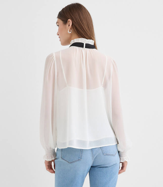 Pearlized Button Ruffle Bow Blouse