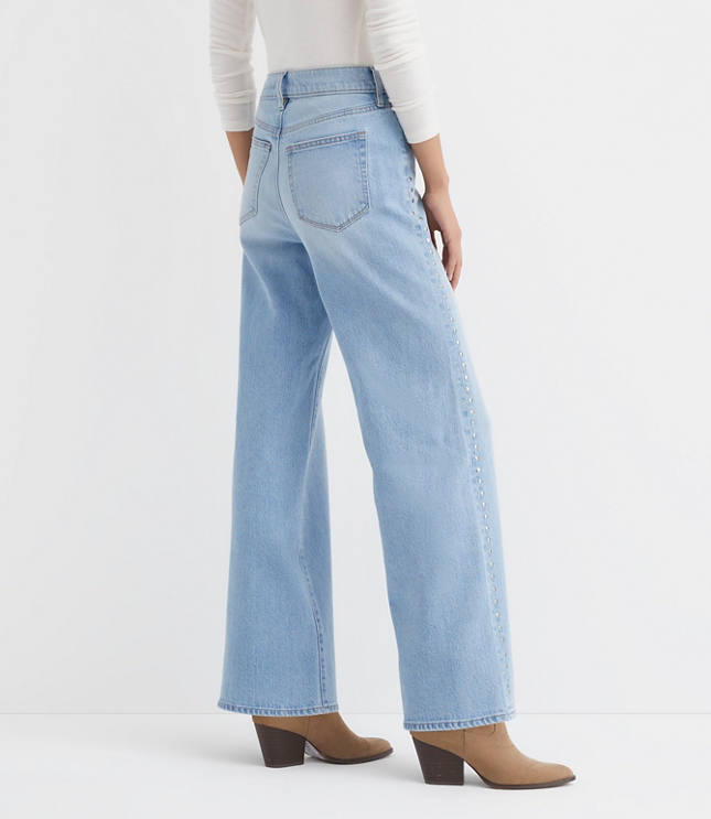 Petite Curvy Studded High Rise Wide Leg Jeans In Mid Vintage Wash