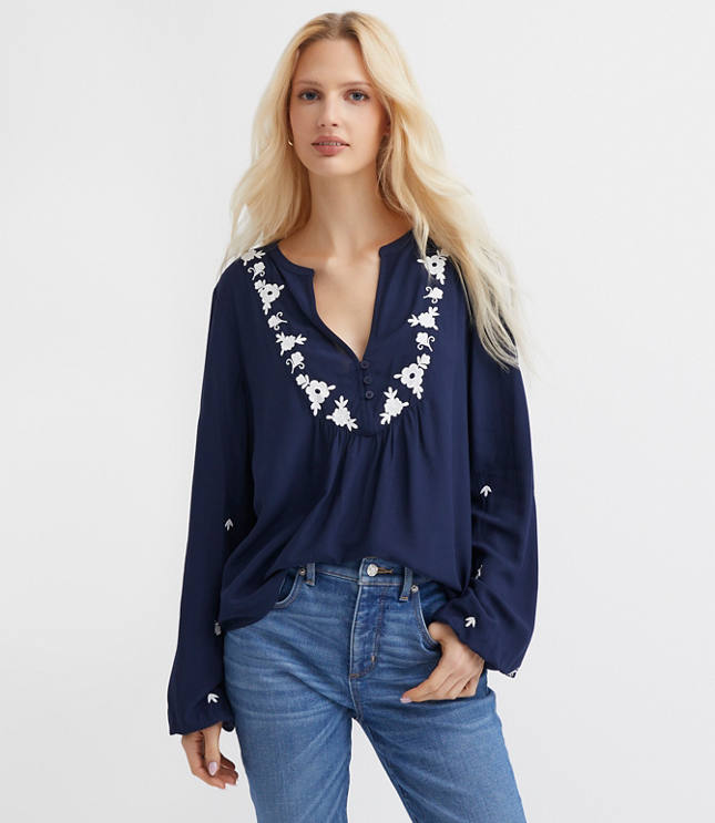 Floral Embroidered Bib Blouse