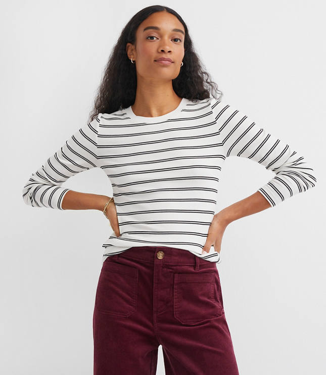 Stripe Ribbed Crew Neck Long Sleeve Tee