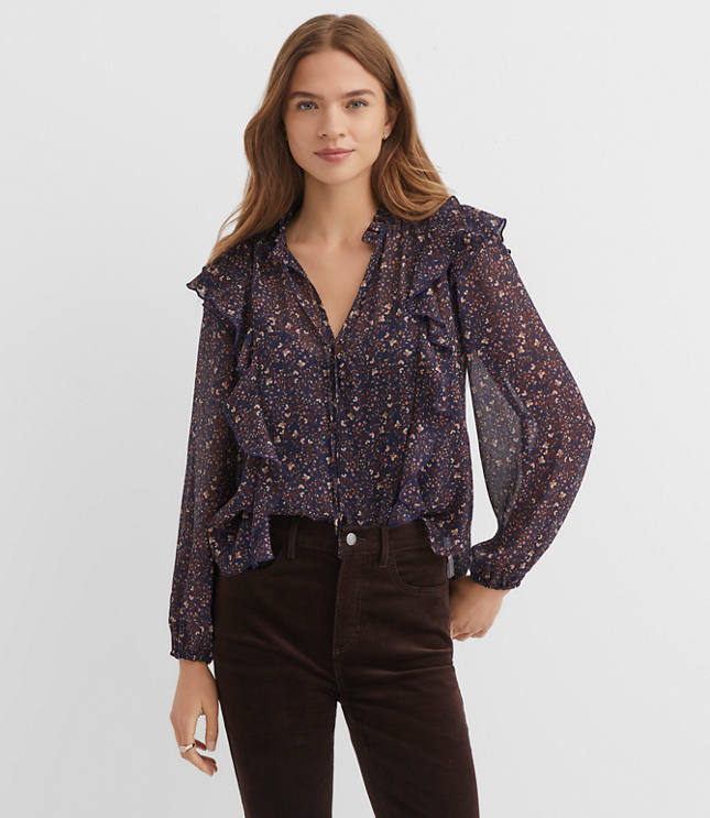 Floral Ruffle Button Tie Neck Blouse