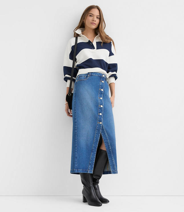 Cutaway Denim Midi Skirt in Modern Indigo Wash