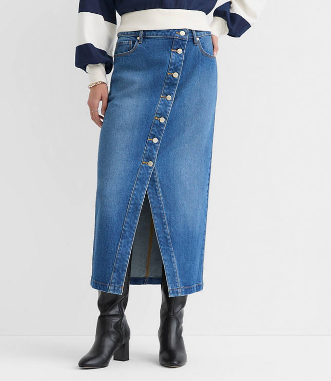 Cutaway Denim Midi Skirt in Modern Indigo Wash
