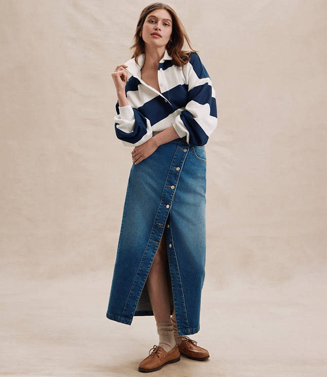 Cutaway Denim Midi Skirt in Modern Indigo Wash