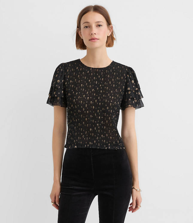 Shimmer Dot Smocked Ruffle Top