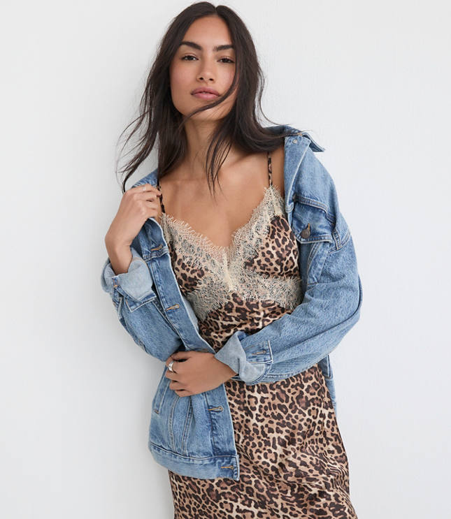 Petite Leopard Print Lace Trim Satin Midi Slip Dress