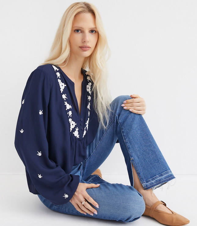 Petite Floral Embroidered Bib Blouse