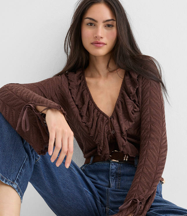 Pointelle Ruffle Tie Cuff Top