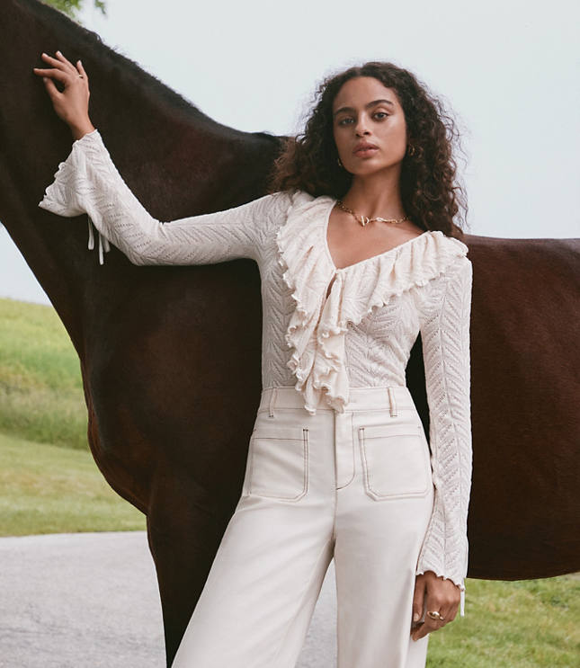 Pointelle Ruffle Tie Cuff Top