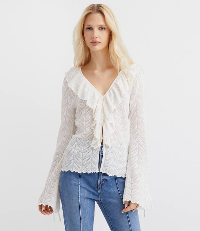 Pointelle Ruffle Tie Cuff Top