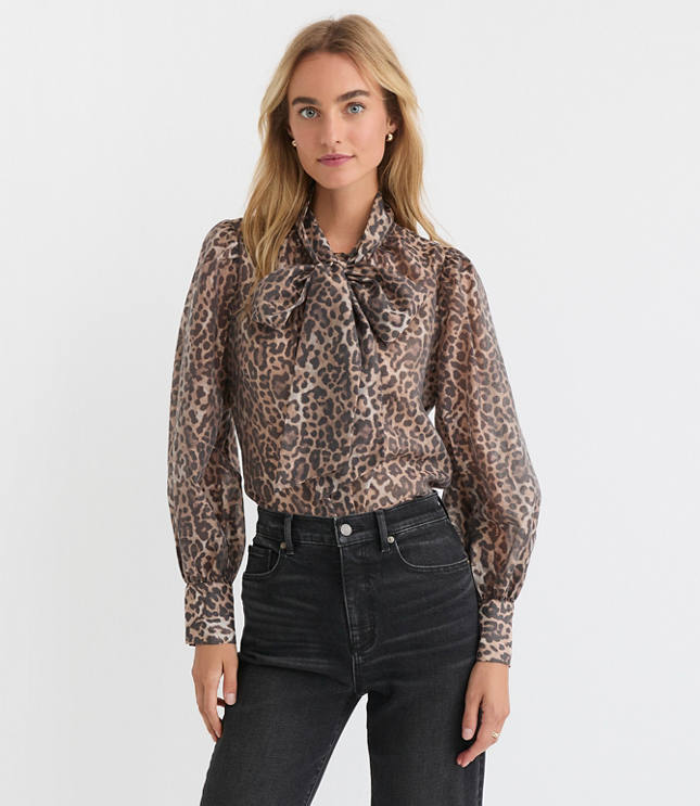 Petite Leopard Print Blouson Sleeve Bow Blouse