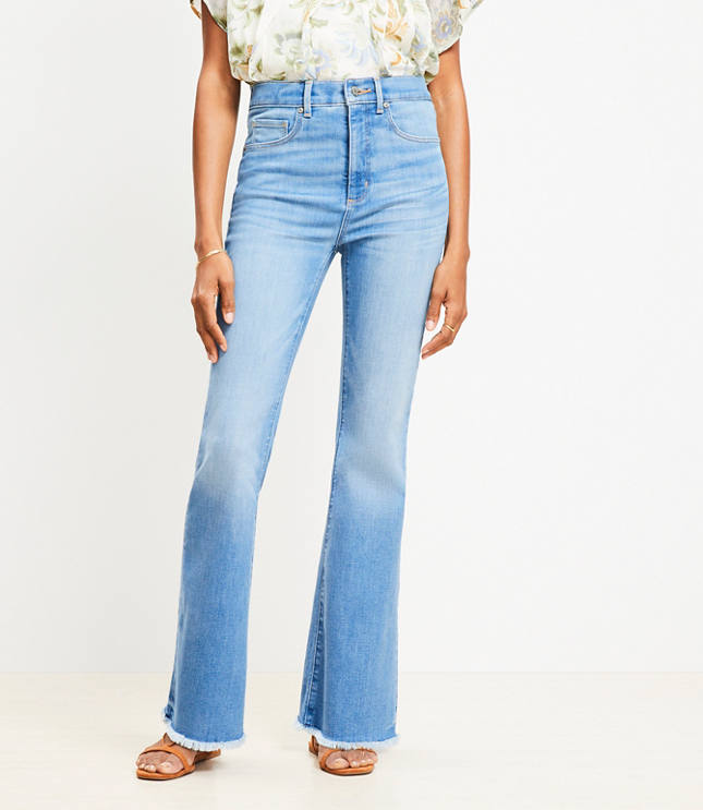 Frayed High Rise Slim Flare Jeans in Classic Mid Wash