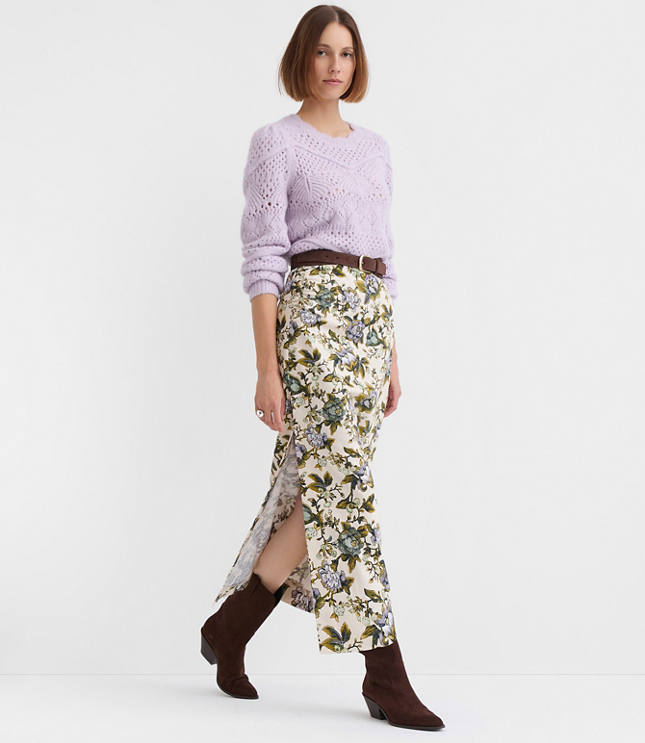 Floral Side Ruched Midi Skirt