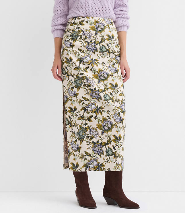 Floral Side Ruched Midi Skirt