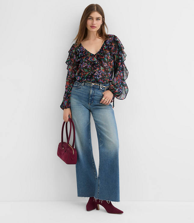 Floral Ruffle Tie Cuff Blouse