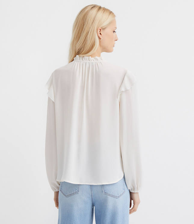 Ruffle Button Tie Neck Blouse