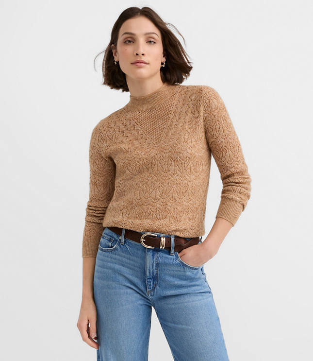 Pointelle Yoke Mock Neck Sweater