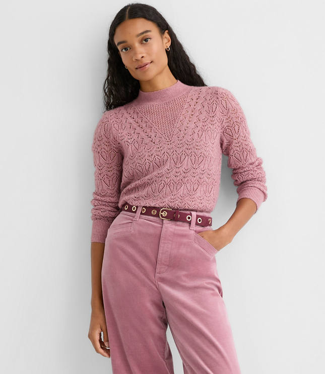 Pointelle Yoke Mock Neck Sweater