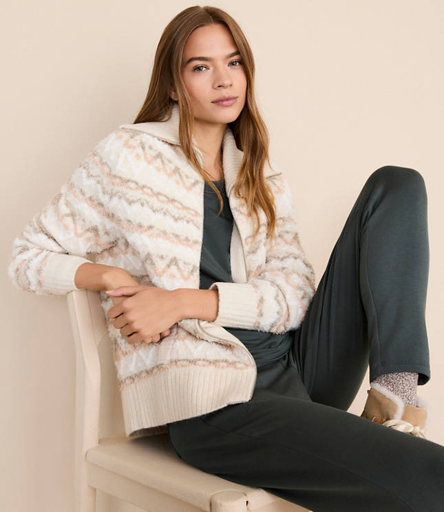 Lou & Grey Fuzzy Fair Isle Zip Cardigan