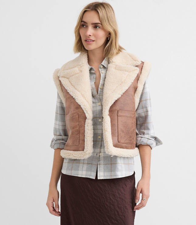 Petite Crackled Faux Suede Sherpa Vest