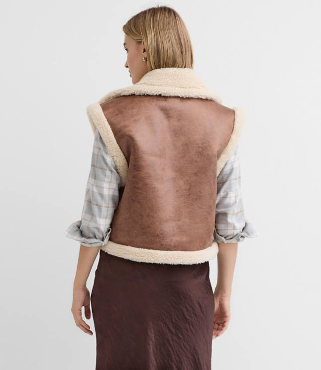 Petite Crackled Faux Suede Sherpa Vest