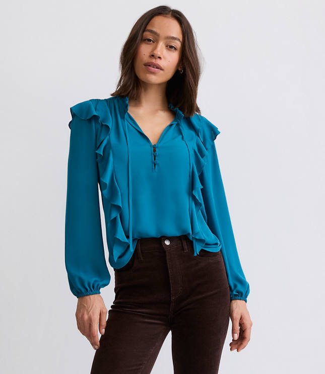 Petite Ruffle Button Tie Neck Blouse