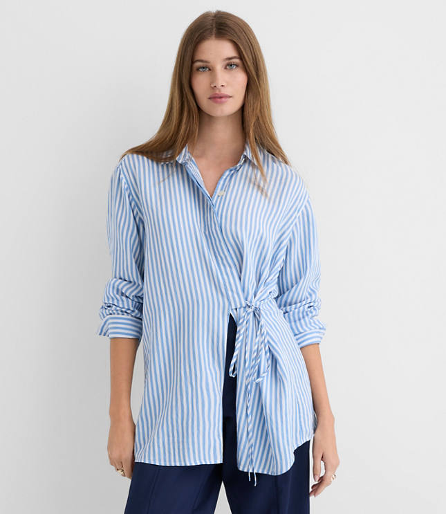 Striped Asymmetrical Side Tie Tunic Shirt