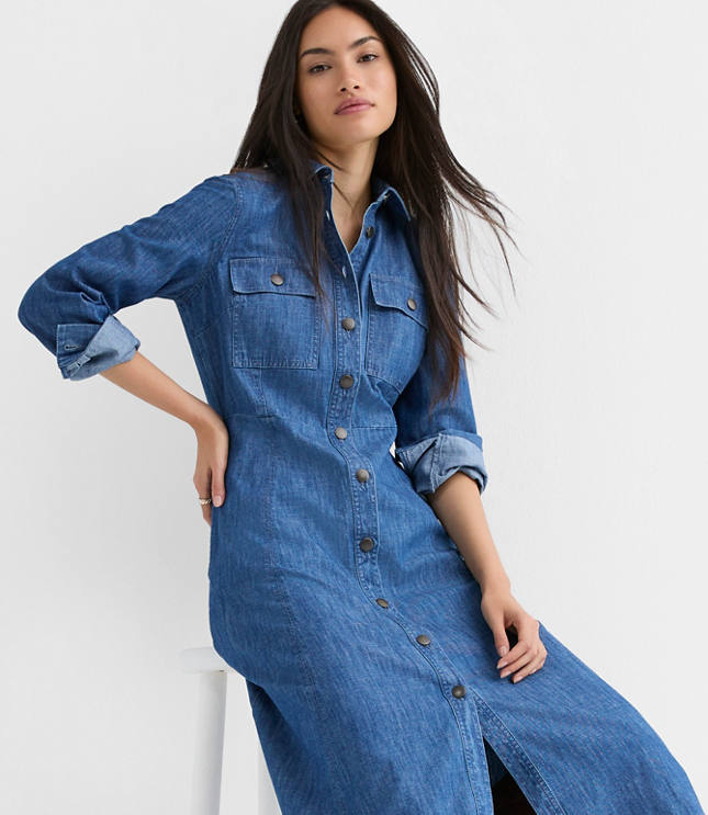 Petite Chambray Seamed Midi Pocket Shirtdress