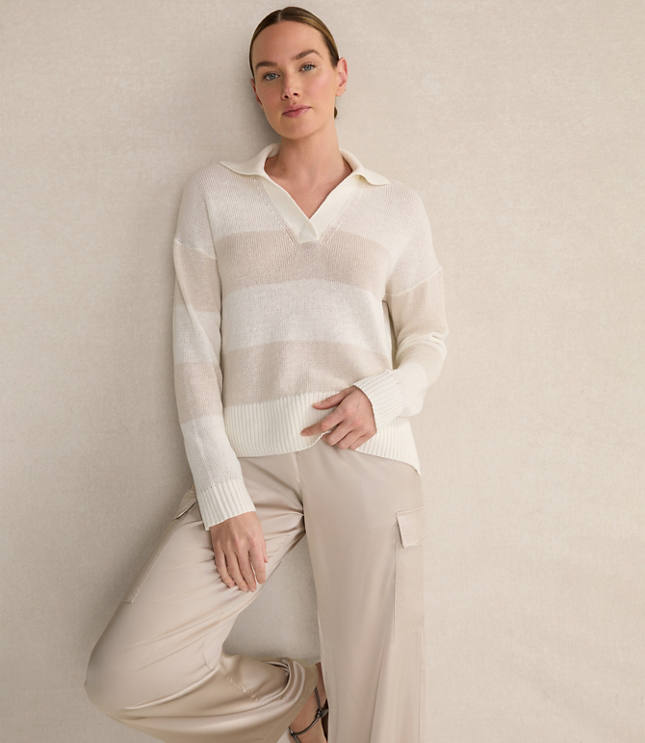 Haven Well Within Organic Cotton Linen Stripe Johnny Collar Sweater