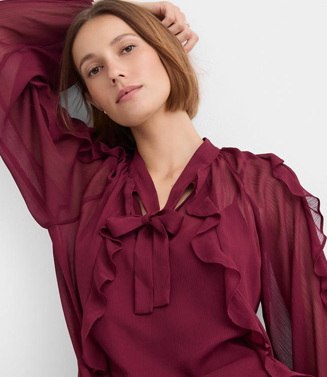 Petite Ruffle Tie Neck Blouse