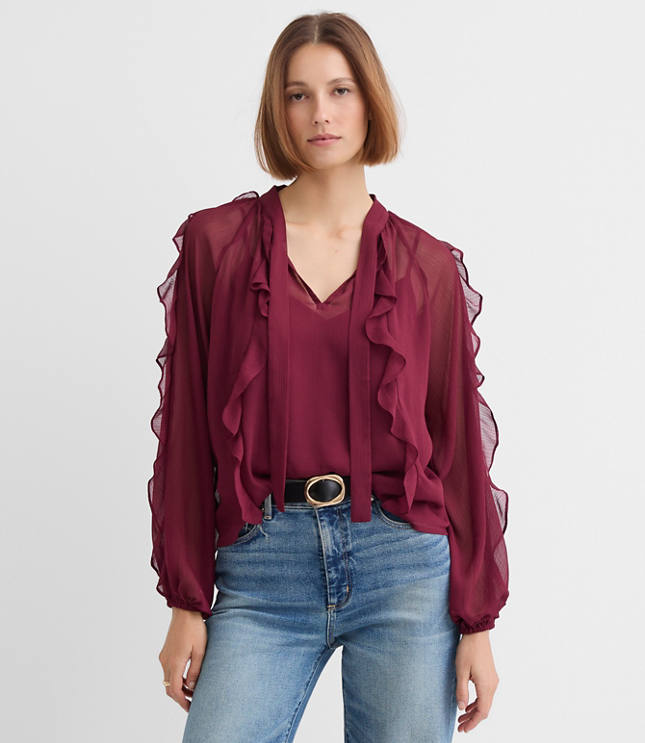 Petite Ruffle Tie Neck Blouse