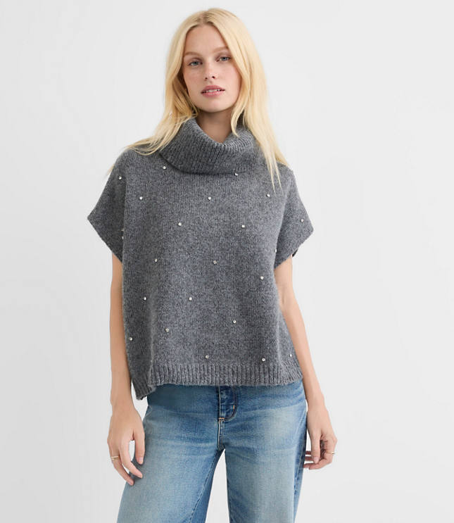 Sparkle Embellished Turtleneck Poncho Sweater