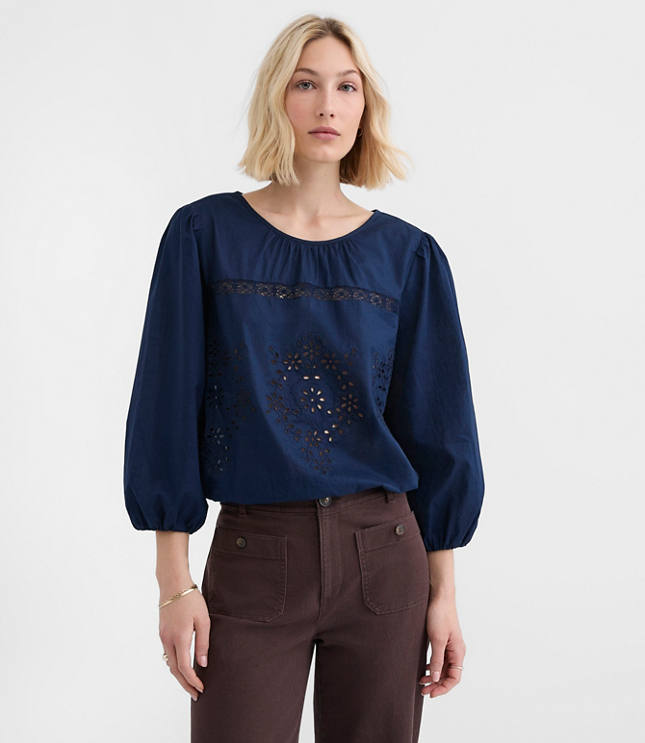 Lace Trim Eyelet Blouse