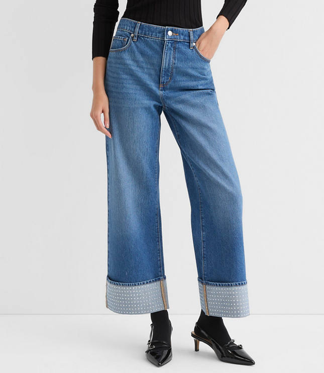 Embellished Cuffed High Rise Wide Leg Crop Jeans in Bright Mid Indigo Wash