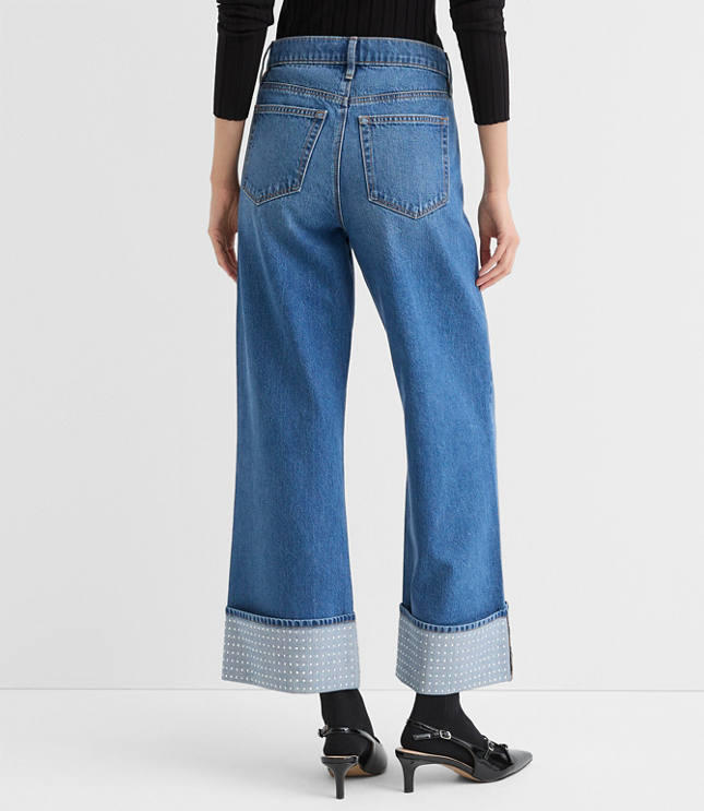 Embellished Cuffed High Rise Wide Leg Crop Jeans in Bright Mid Indigo Wash