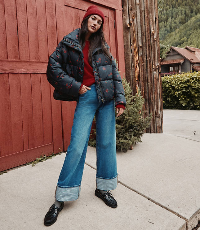 Embellished Cuffed High Rise Wide Leg Crop Jeans in Bright Mid Indigo Wash