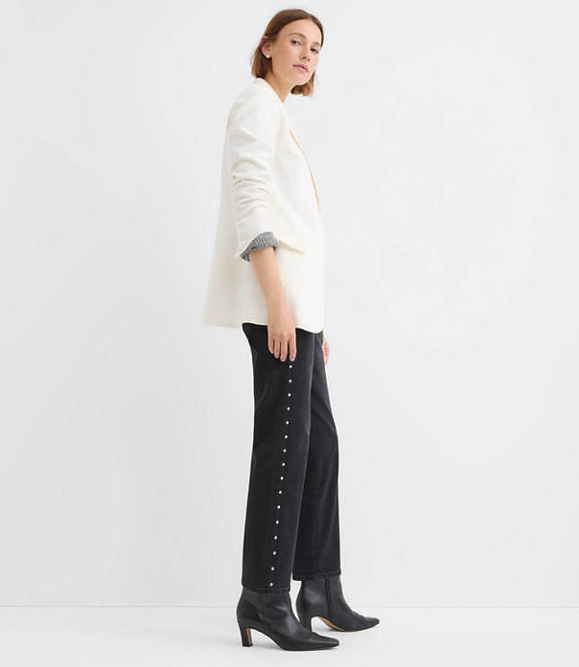 Petite Studded High Rise Straight Jeans in Washed Black