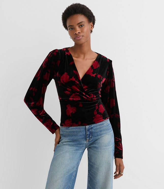 Petite Floral Velvet Puff Sleeve V-Neck Top