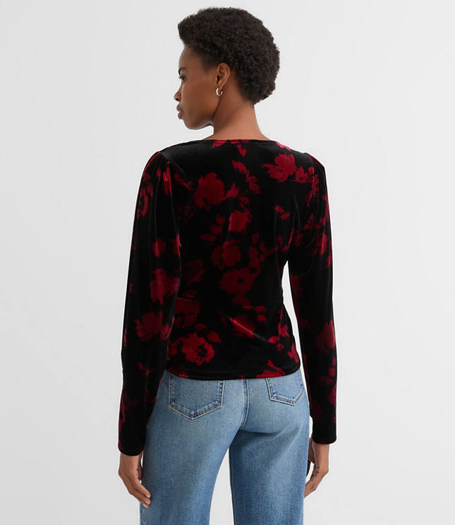 Petite Floral Velvet Puff Sleeve V-Neck Top