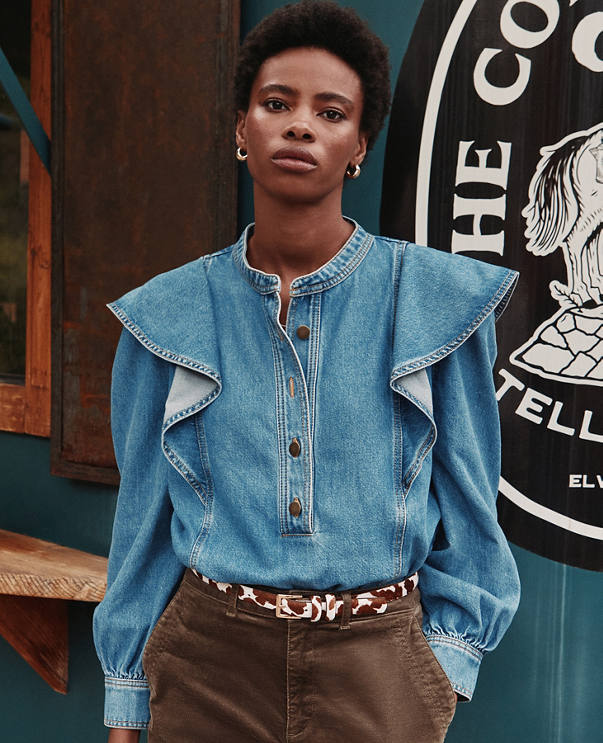 Petite Ruffle Denim Shirt in Light Wash