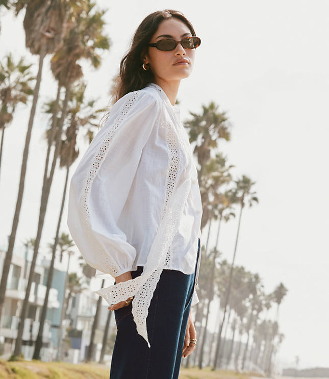 Scalloped Eyelet Bow Blouse