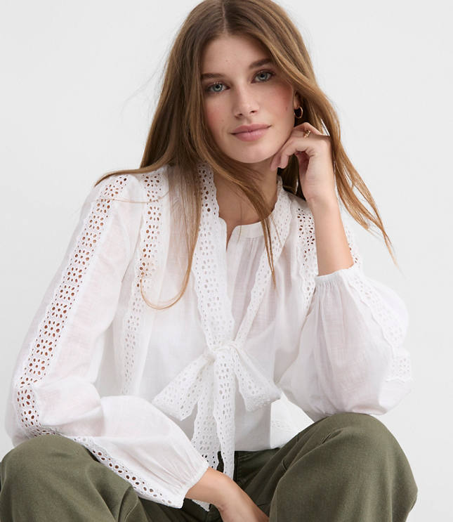 Scalloped Eyelet Bow Blouse