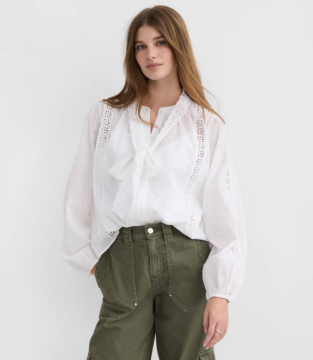 Scalloped Eyelet Bow Blouse