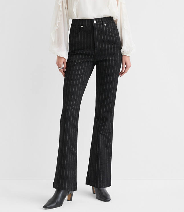 Petite High Rise Slim Flare Jeans in Black Shimmer Pinstripe