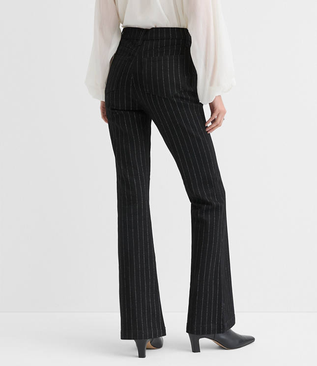 Petite High Rise Slim Flare Jeans in Black Shimmer Pinstripe