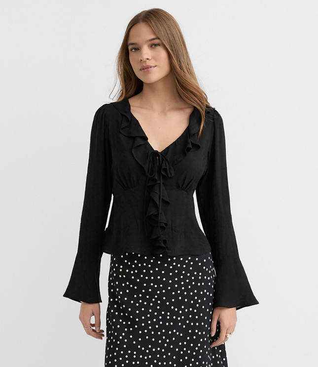Jacquard Ruffle Tie Neck Blouse